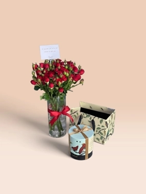 Red Baby Roses Glass Vase with Anoosh Chocolates