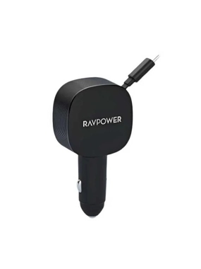 RAVPower 75W Car Charger with Type-C and USB Ports and Built-in Type-C Cable