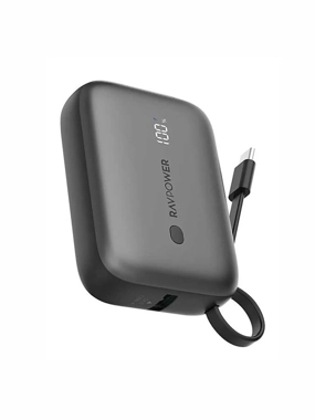 RAVPower battery with 20-watt power, 10,000 mAh capacity, integrated Type-C cable, Type-C port, and USB port - Gray