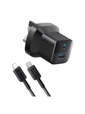 شاحن جداري انكر 323 بقوة 33 واط بمنفذ تايب سي ومنفذ USB-A مع سلك تايب سي - اسود