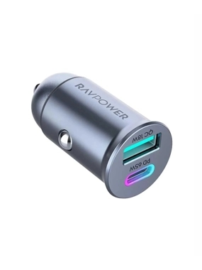 RAVPower Mini 65W Car Charger with Type-C and USB Ports - Black