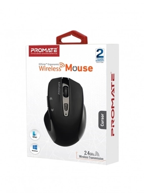 Promate portable mouse with 1600 DPI resolution, 2.4 GHz frequency, precise tracking technology, comfortable EZGrip grip, and a range of up to 10 meters. Black color.