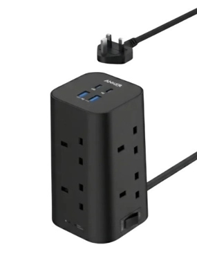 Anker 12-in-1 Power Strip: 8 AC outlets (2990W), two USB-C ports, and two USB ports (20W).