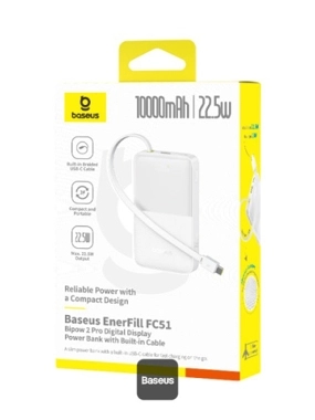 Baseus - 10000mAh 22.5W Portable Battery with Built-in Type-C Cable, Digital Display, USB and Type-C Ports - White