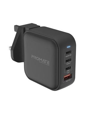 Promate 4-outlet wall socket, supports 100W, with Type-C cable and universal inputs