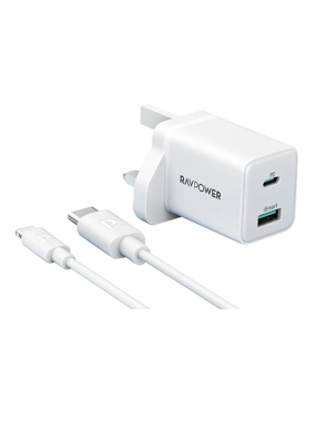 RAVPower 20W Wall Charger with Type-C and USB Ports + 1m Type-C to Lightning Cable - White