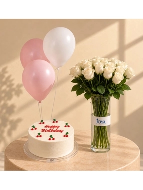 White Roses with Birthday Cake & Balloons