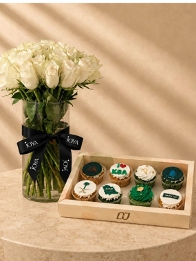 Joy of the Nation with White Roses Vase (8 Pieces)
