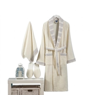 Cotton Jacquard Bathrobe Set 4 Pieces - Off-White (Size L)