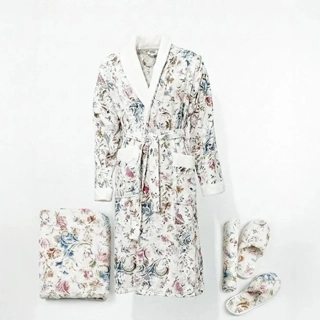 Garden Patterned Bathrobe Set 5 Pieces - White