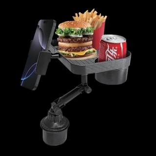 Multi-purpose car cup holder and tray with phone holder