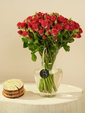 Bloss Crimson Pulse Package: Luxury Red Baby Rose Vase & Les Jours Chocolate Cake