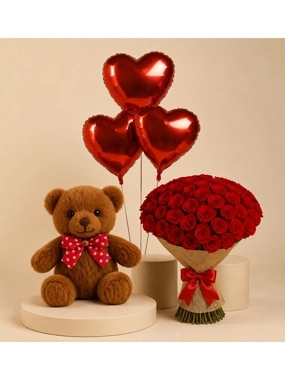 Luxury Red Rose Bouquet with Teddy Bear & Heart Balloons Gift Set