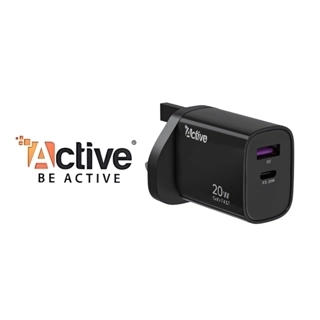 Active AW-20 Black Wall Charger with Type-C Port and USB Port.