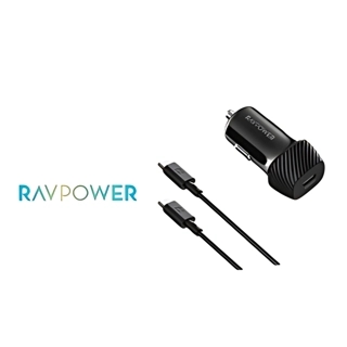 RAVPower Pioneer 20W Car Charger with Type-C Port and Type-C to Type-C Cable - Black