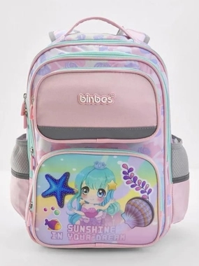 Pink girls' backpack with a green stripe.