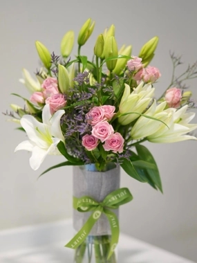 White Lilies with Pink Roses