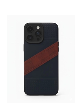 iPhone 16 pro case in navy blue with a soft brown flexible and strong strip
