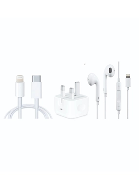 Original Apple iPhone package, plug, charger, and Lightning headphones