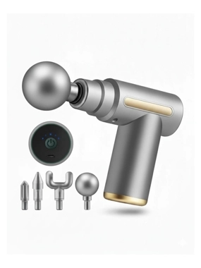 Massage Gun from MHB with four heads, 25 watts, silver color