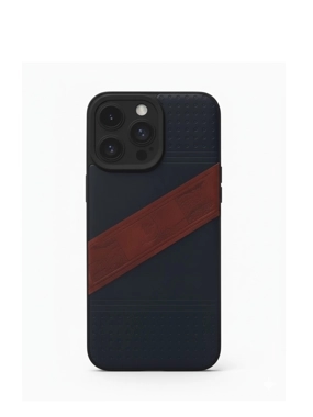 iPhone 16 Standard case in navy blue with a soft brown flexible and strong strip