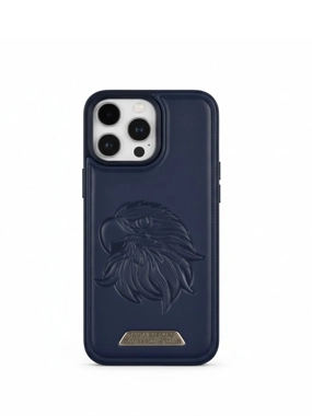 iPhone 16 Plus leather case with an embossed blue eagle design, practical, durable, and lined on the inside