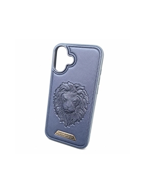 iPhone 16 case, premium leather with a lion pattern, navy blue color