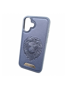 iPhone 16 Plus case, premium leather with a lion pattern, navy blue color