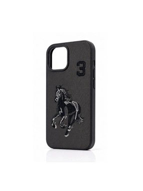 iPhone 12 Pro case, premium leather with horse embroidery and elegant black design