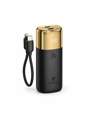 Zoom Plus 10,000mAh 20W Black and Gold Power Bank with Built-In Cables