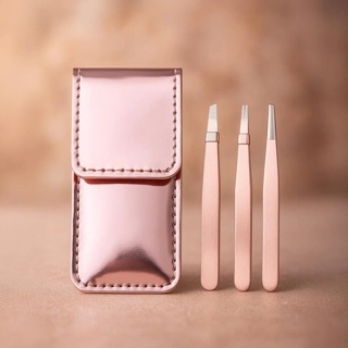 Shiny Pink Series 3-Piece Eyebrow Tweezers Set with Glossy Storage Bag