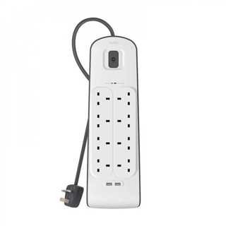 Belkin connection to 8 power outlets and two usb ports with a length