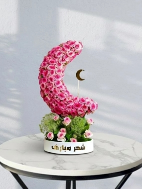 crescent moon, pink rose