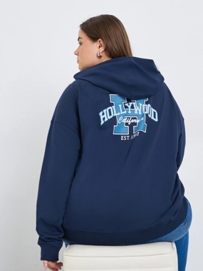 Styli Plus Size Navy Blue Graphic Printed Hoodie