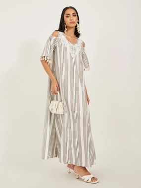 Take Two Striped Cold Shoulder Sleeves A-Line Maxi Dress