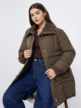 Styli Brown Longline Padded Coat with Faux Fur Lining