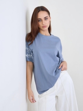 Styli Blue Embroidered Sleeve Oversized 100% Cotton T-Shirt