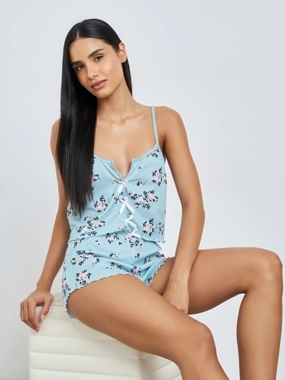Styli Blue Floral Print Lettuce Edge Cami and Shorts Set