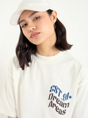 Styli Beige Slogan Print Oversized 100% Cotton T-Shirt