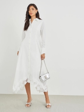 Styli Solid Lace Insert Long Sleeves Shirt Midi Dress