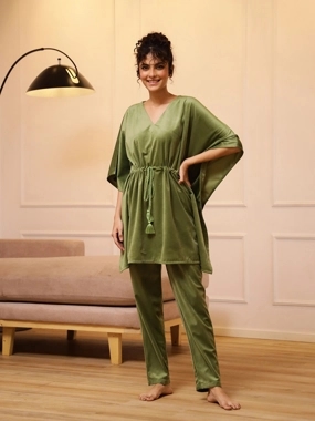 Sanskrutihomes Velvet Look Drawstring Kaftan Top and Pyjama Set