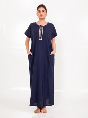 The Kaftan Company Navy Cotton Nightdress With Embroidered Placket