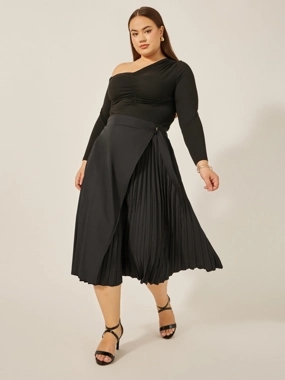 Styli Plus Size Overlap Wrap A-Line Midi Skirt with Pleated Detail