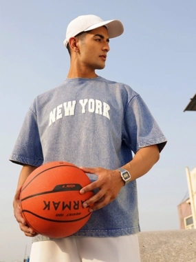 Sassafras Men Blue Overdye New York Print Oversized T-Shirt