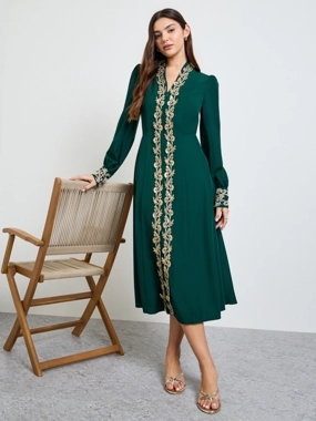 Take Two Dark Green Lace Detail A-Line Midi Dress
