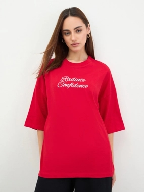 Styli Red Embroidered Oversized T-Shirt