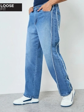 Styli Men Loose Fit Faded Jeans with Side Panel Detail