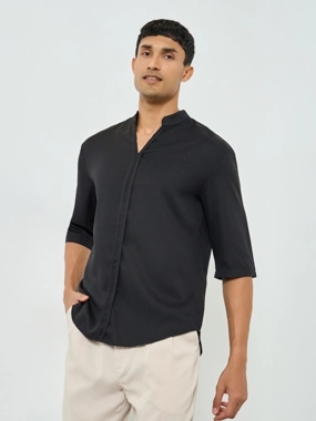 Take Two Men Black Mandarin Collar T-Shirt