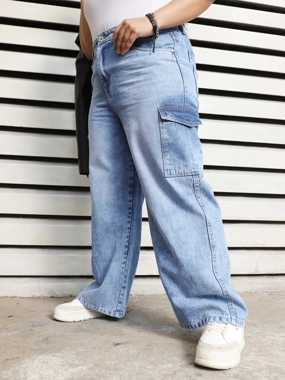 High Star Plus Size Wide Leg Faded Cargo Jeans
