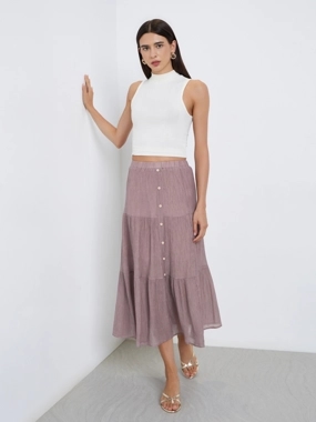 Take Two Tan Button Detail Tiered Midi Skirt